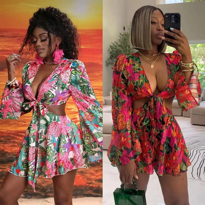 Two Piece Sets Women Skirt Set Print Floral Matching Sets V Neck Flare Sleeve Top Short Skirts Dress Sets Lace Up High Waist