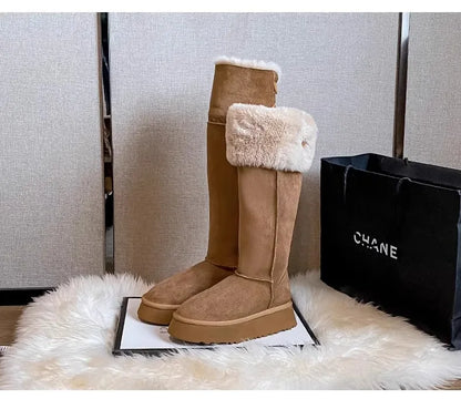 Turned-over Edge Knee-high Snow Boots Flat with Slip-on Ladies Shoes 2024 High Quality Round Toe Mid Heel Concise Women's Boots