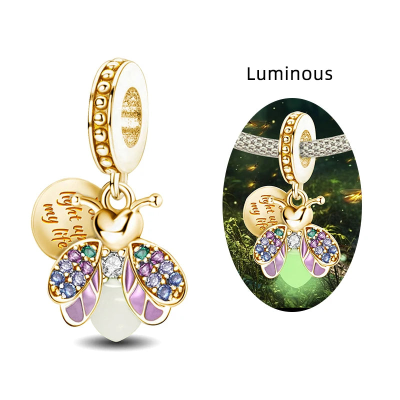 Original 925 Sterling Silver Charms Beads Glowing Luminous Bee Firefly Butterfly Pendant for Bracelet Bangle Charm DIY Jewelry