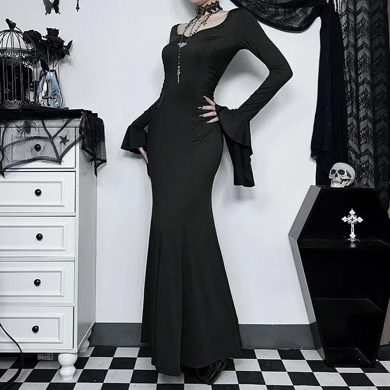 Cosplay Wednesday Dress Lady Halloween Costume for Women Sexy Long Fishtail Skirt Female Pagoda Sleeve Christmas Family Part # 1
