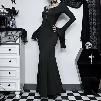 Cosplay Wednesday Dress Lady Halloween Costume for Women Sexy Long Fishtail Skirt Female Pagoda Sleeve Christmas Family Part # 1