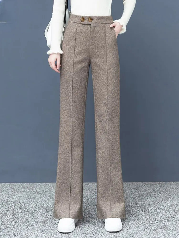 Herringbone Woolen Cloth Wide Leg Pants Women Autumn and Winter 2023 High Waist Pants Vintage Slim Elastic Waist Woman Trousers