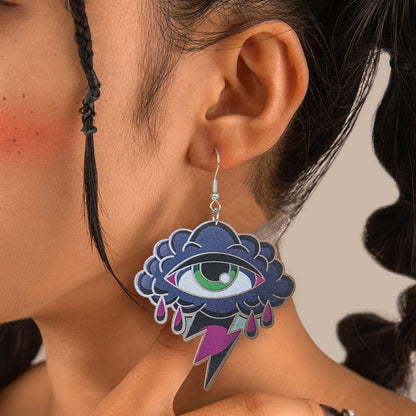 EtherealBe Halloween devil eye earrings featuring a colorful cloud and lightning design
