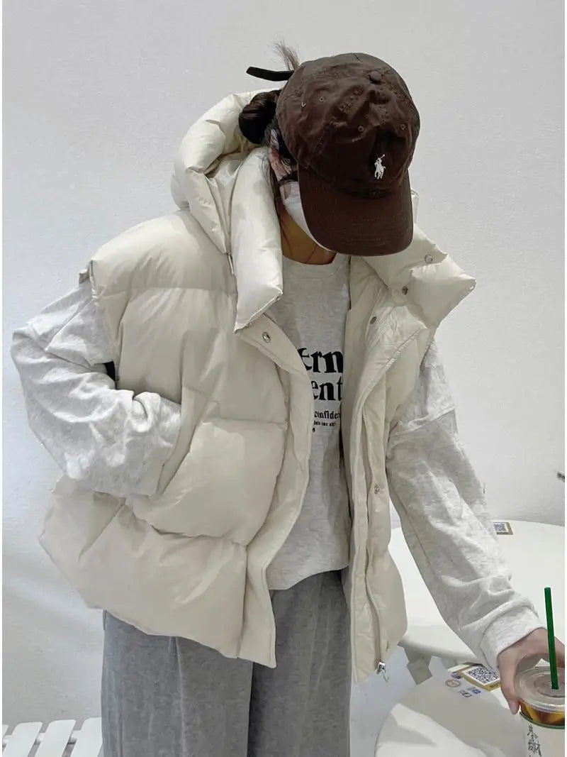 Stand Collar Sleeveless Down Cotton Jacket Women's Autumn Winter New  Loose Warm Hooded  Short Waistcoat Outwear Female