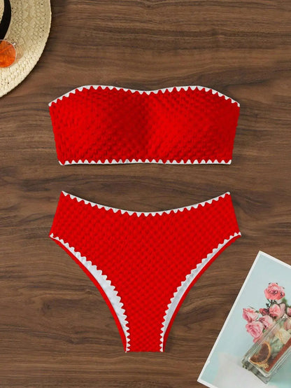 Swimwear White 2 Piece Strapless Swimsuit for Women Sexy Bandeau Backless Bikini Set Lace-up Patchwork Bathing Suit 2025 New