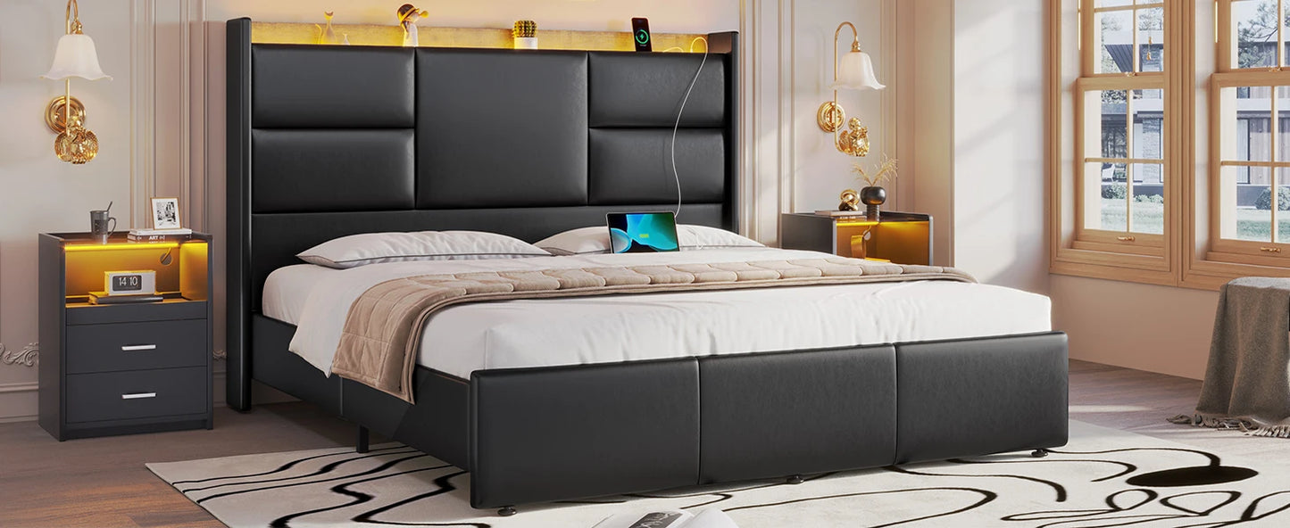 King Size Bed Frame w 4 Storage Drawers,Charging Station and LED Lights,Upholstered Bed Frame w Button Tufted Wingback Headboard