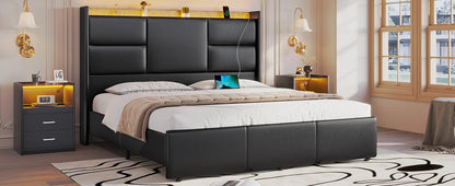 King Size Bed Frame w 4 Storage Drawers,Charging Station and LED Lights,Upholstered Bed Frame w Button Tufted Wingback Headboard