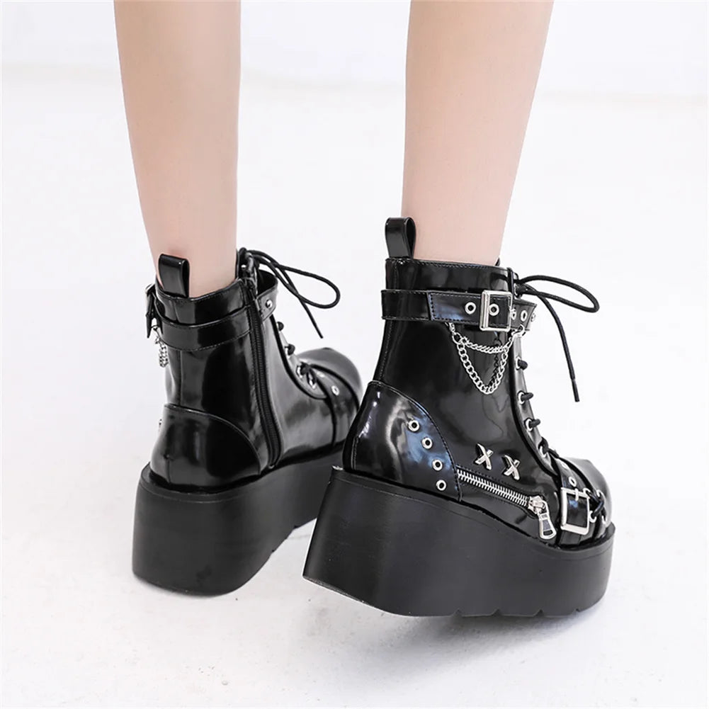 Brand New Ladies Goth Platform Ankle Boots Fashion Buckle Zip Rivet Punk Wedges High Heels Womens Boots Party Street Woman Shoes
