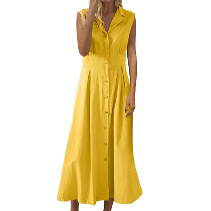 Casual Loose Sleeveless Shirt Dress Solid Color Button Cotton Linen Blend Dress Elegant Vacation Holiday Dresses платье женское