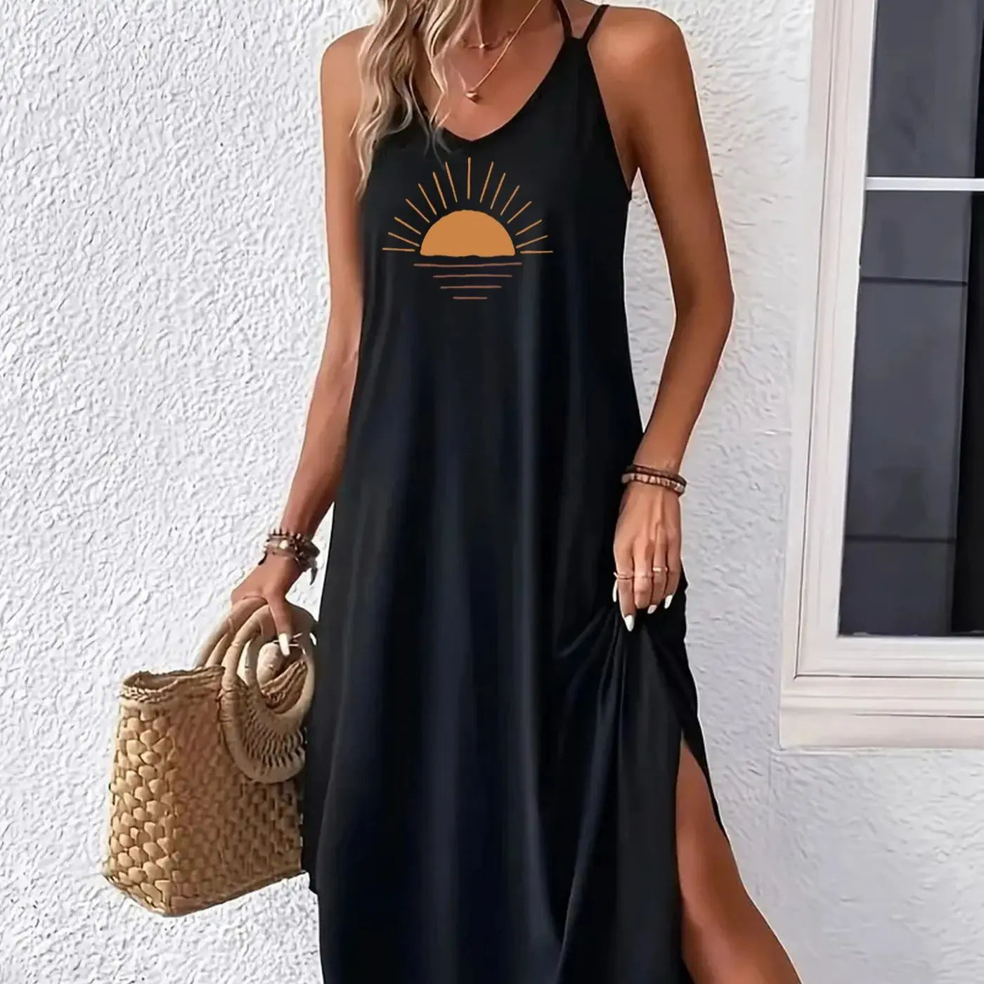 pattern Print  Curvy Hem Cami Dress, Sexy Sleeveless Spaghetti Strap Loose Maxi Dress, Women's Clothing