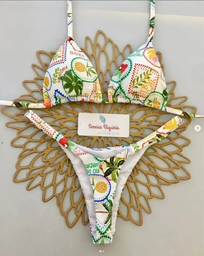 Print Sexy Bikini Sets Halter Lace-up Tops Thongs Beach Style Bathing Suit Y2k Swimsuits Women Beachwear Купальник Женский 2025