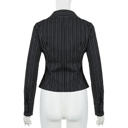 Y2K Black Striped Long Sleeve Button Up Shirt Autumn Elegant Casual Turn-down Collar Blouse Office Lady Women T-shirt