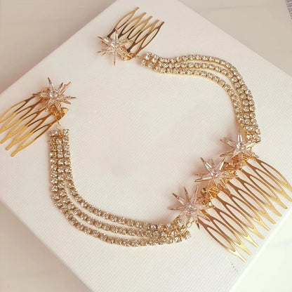 Stonefans Luxury Star Hair Comb Rhineestone Chain Jewelry for Women Vintage Bridal Tiara Multilayer Hair Chain Wedding Headpiece