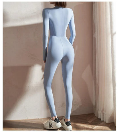 Womens Jumpsuits Long Sleeve Yoga Slim Fit Stretch One Piece Romper Sexy Fitness Female Basic Sportwears Tight Zipper