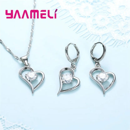 925 Sterling Silver Color Wedding Jewelry Sets for Women Love Heart Hollow Pendants Necklaces Earrings Clear Austrian Crystal