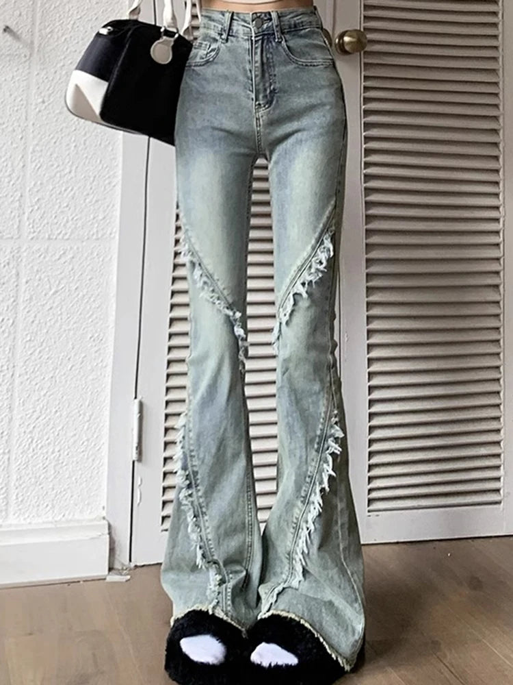 2024 Woman Korean High Waist Narrow Jeans Lady High Street Slim Fit Denim Flare Pants Female Blue Fashion Bell Bottom Trousers