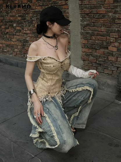 Women's Washed Y2K Baggy Japanese 2000s Denim Trouser Vintage Casual Tassels Pants Female Street Trashy Retro High Waist Jeans