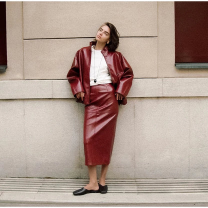 Leather Fashion Jacket Skirt Sets Women Zipper Loose Street Stand Collar Coats Straight Midi Skirts Suits 2025 Autumn Party Chic
