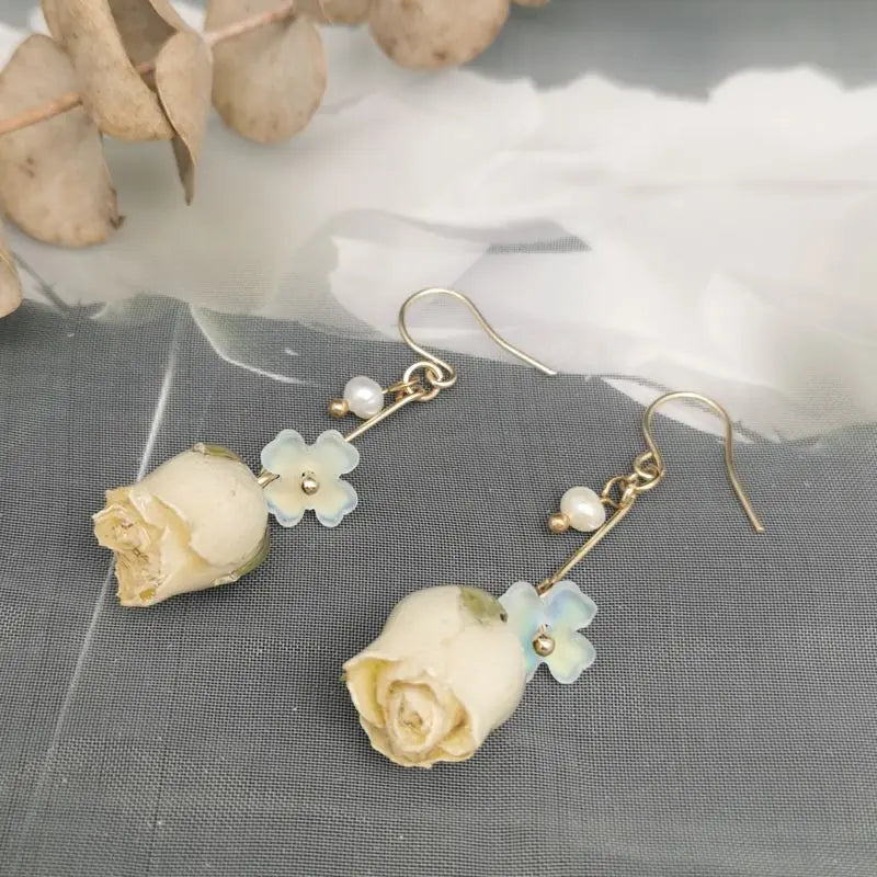 Unique Immortal Flower Earrings Elegant Natural Flower Pearl Drop Earrings Statement Jewelry Epoxy Resin Real Rose Earring 2024