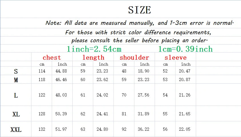 Size chart for cozy lambskin coat for women with measurements for S to XXL