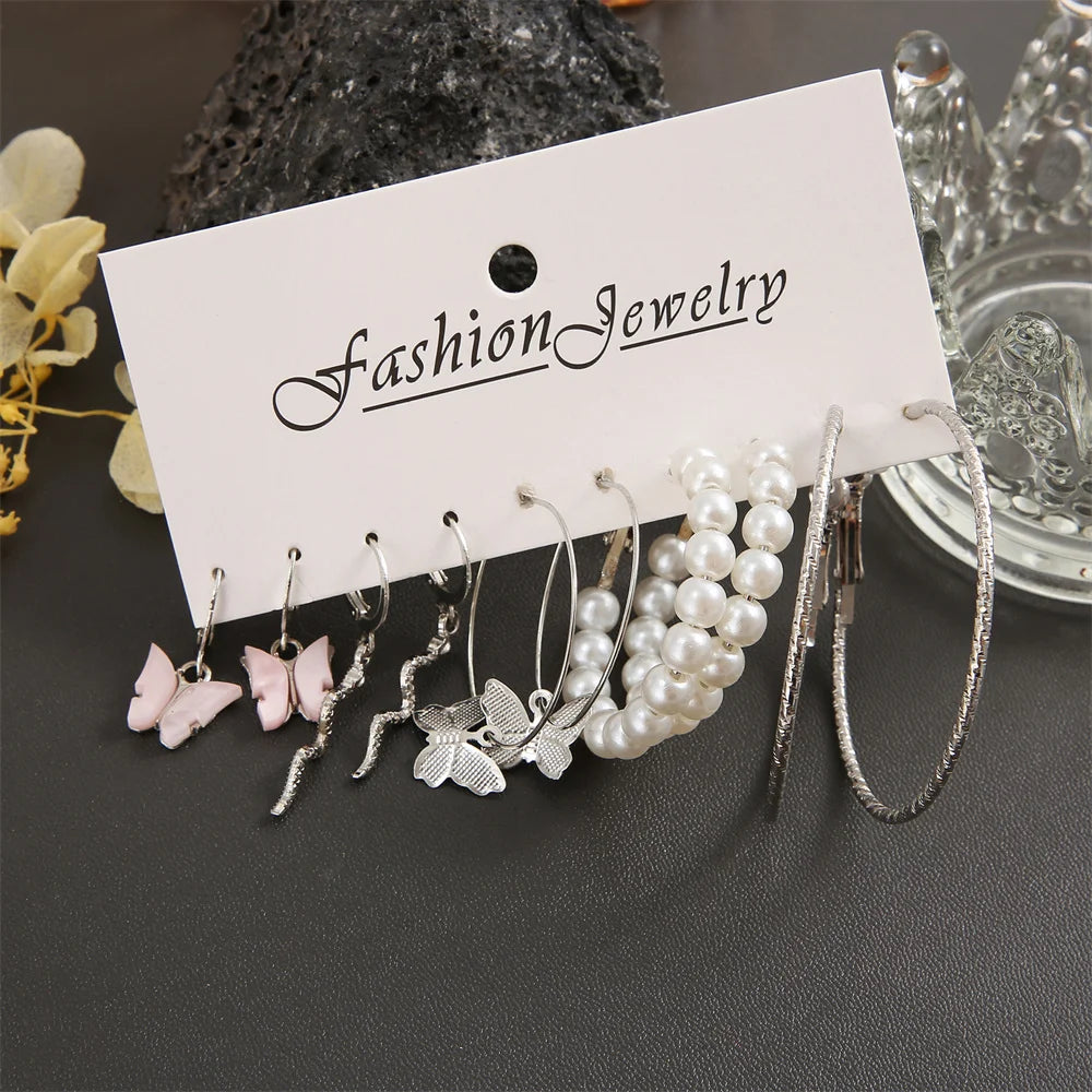 Fashion Big Silver Color Round Circle Pearl Hoop Earrings for Women Girls Snake Butterfly Dangle Earring Set Female Y2K Jewelry
