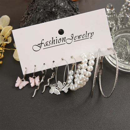 Fashion Big Silver Color Round Circle Pearl Hoop Earrings for Women Girls Snake Butterfly Dangle Earring Set Female Y2K Jewelry