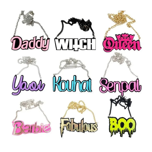 Various colorful Halloween black letter necklace styles featuring words like Boo, Daddy, and Witch