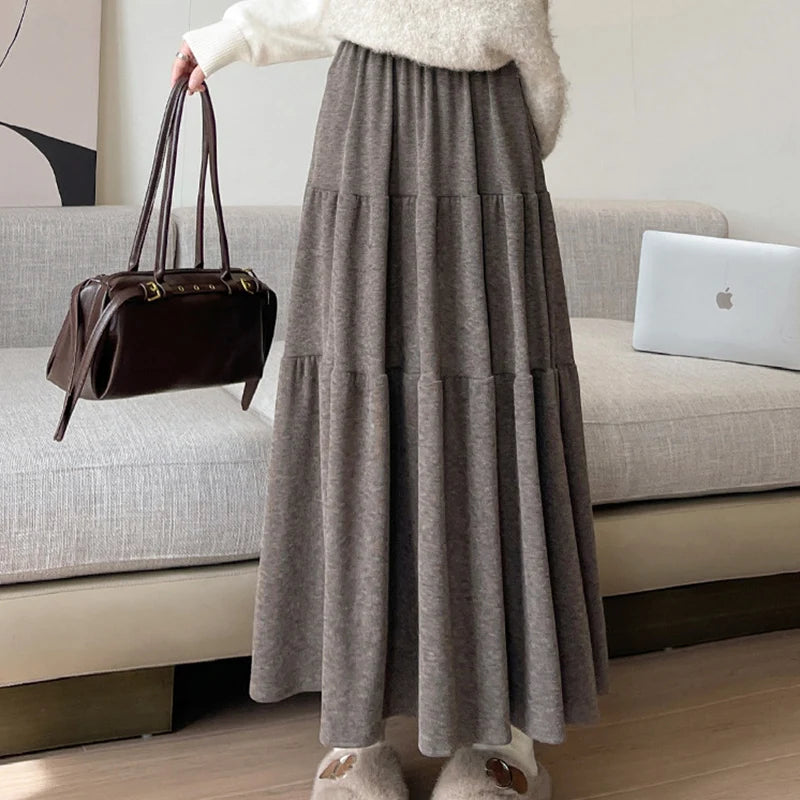 Autumn Casual Knit Pleated Skirt for Women Elegant Solid Color A Line Long Skirts Korean Streetwear High Waist Patchwork Skirt