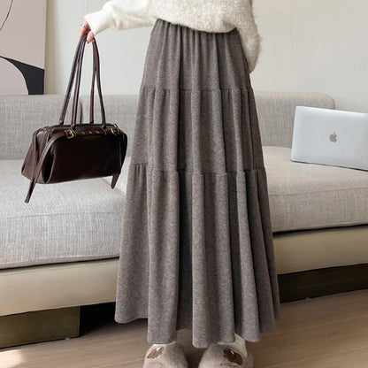 Autumn Casual Knit Pleated Skirt for Women Elegant Solid Color A Line Long Skirts Korean Streetwear High Waist Patchwork Skirt