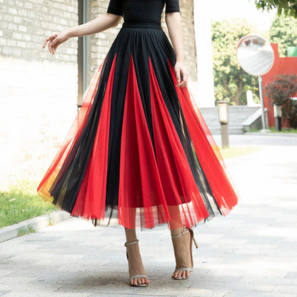 Women Color Block A-line Skirt Mid Length Drape Feeling High Waist Slim Mesh Skirts Carnival Festival Party Performance Costume