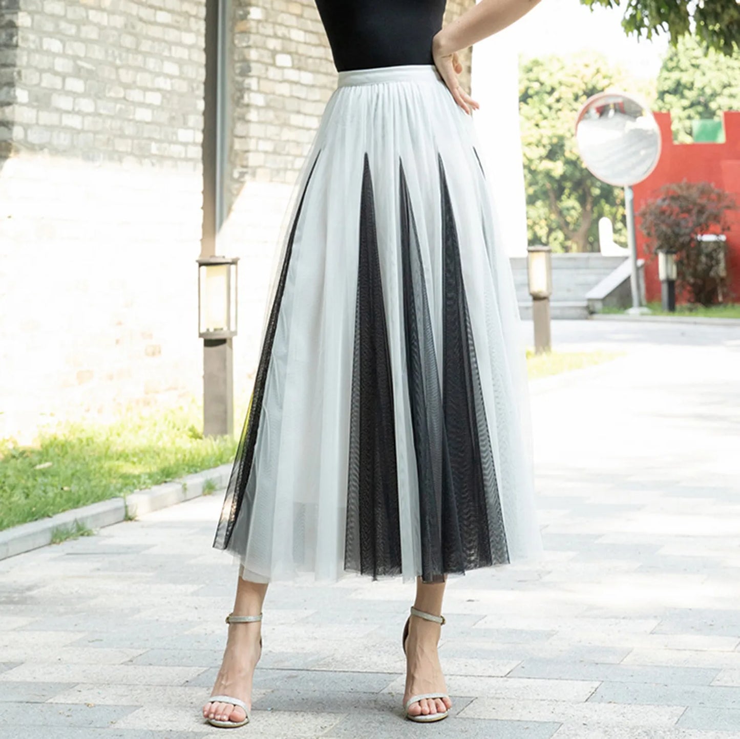 Women Color Block A-line Skirt Mid Length Drape Feeling High Waist Slim Mesh Skirts Carnival Festival Party Performance Costume