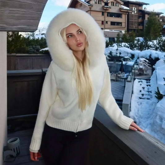 OFTBUY Real Fox Fur Kintwear Women 2025 New Spring Autumn Hooded Sweater Female Loose Zipper Kintted Jacket Oversized Cardigan