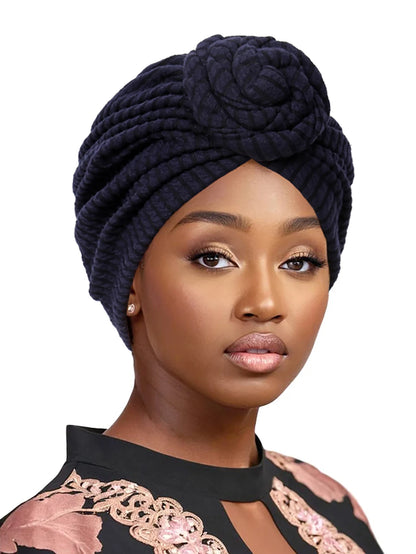 Stylish women's turban hijab hats in navy blue with a floral twist design for elegant occasions