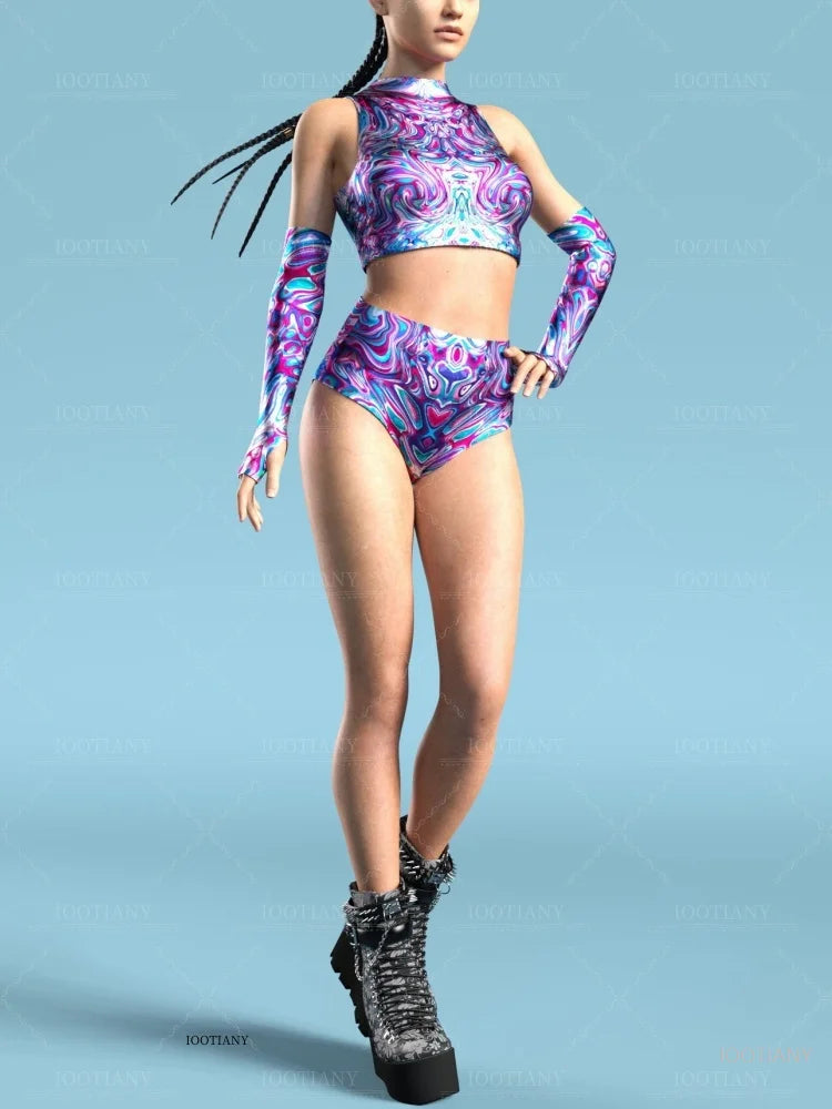 Adult Sleeveless Multicolor Role Play Bodysuit Swimsuit Women Sexy Hollow Off Shoulder Graffiti Art Bodycon Performance Costume