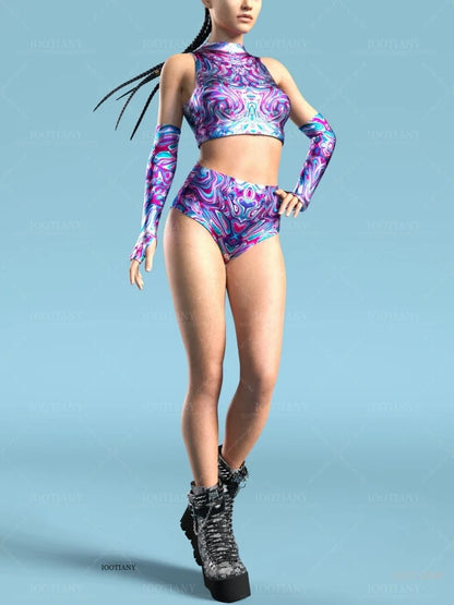 Adult Sleeveless Multicolor Role Play Bodysuit Swimsuit Women Sexy Hollow Off Shoulder Graffiti Art Bodycon Performance Costume