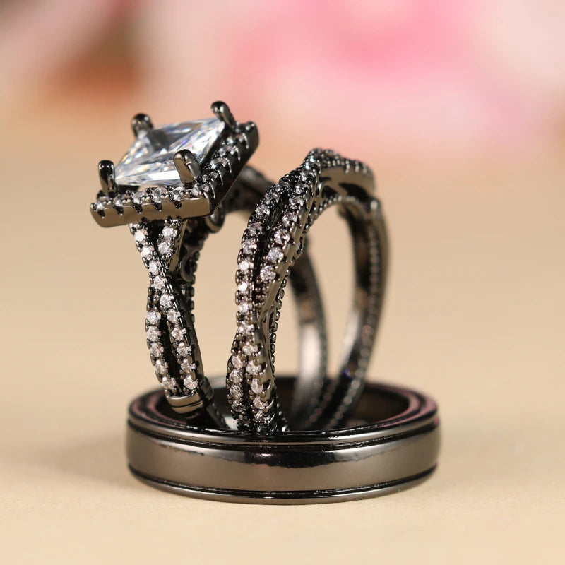 Charm Couple Rings Men Stainless Steel  Rhinestones Zircon Women Wedding Band  Set Valentine Day Jewelry