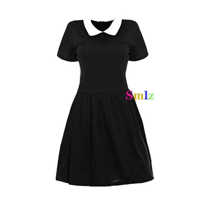 Black short sleeve dress with white Peter Pan collar and flared skirt Wednesday Addams cosplay dress for women
