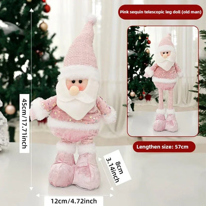 Christmas Adjustable Standing Santa and Snowman Pink Sequin Plush Doll Cute Holiday Decoration for Home Festive Ornament