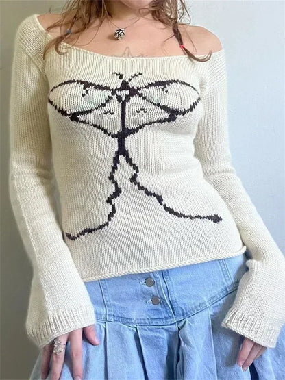 Women's Knit Tops Off Shoulder Slim Sweater Graphic Print Long Sleeve Knitwear Spring Fall Y2K Aesthetic Streetwear