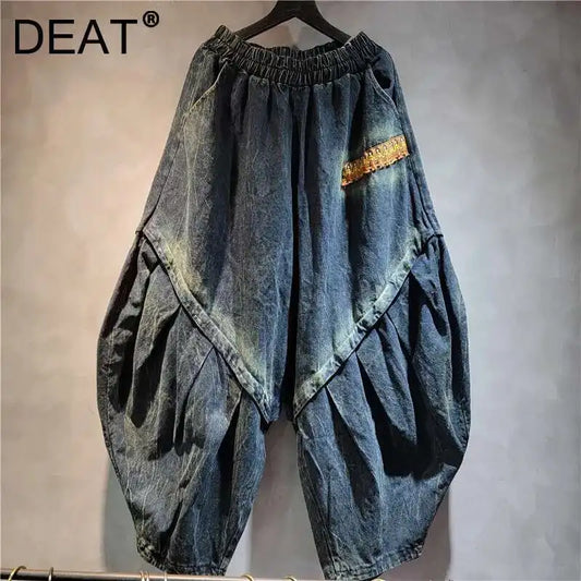 DEAT Personality Loose Denim Pants For Women 2025 Spring New Item High Elastic Waist Big Size Splicing Jeans Female 11A02417