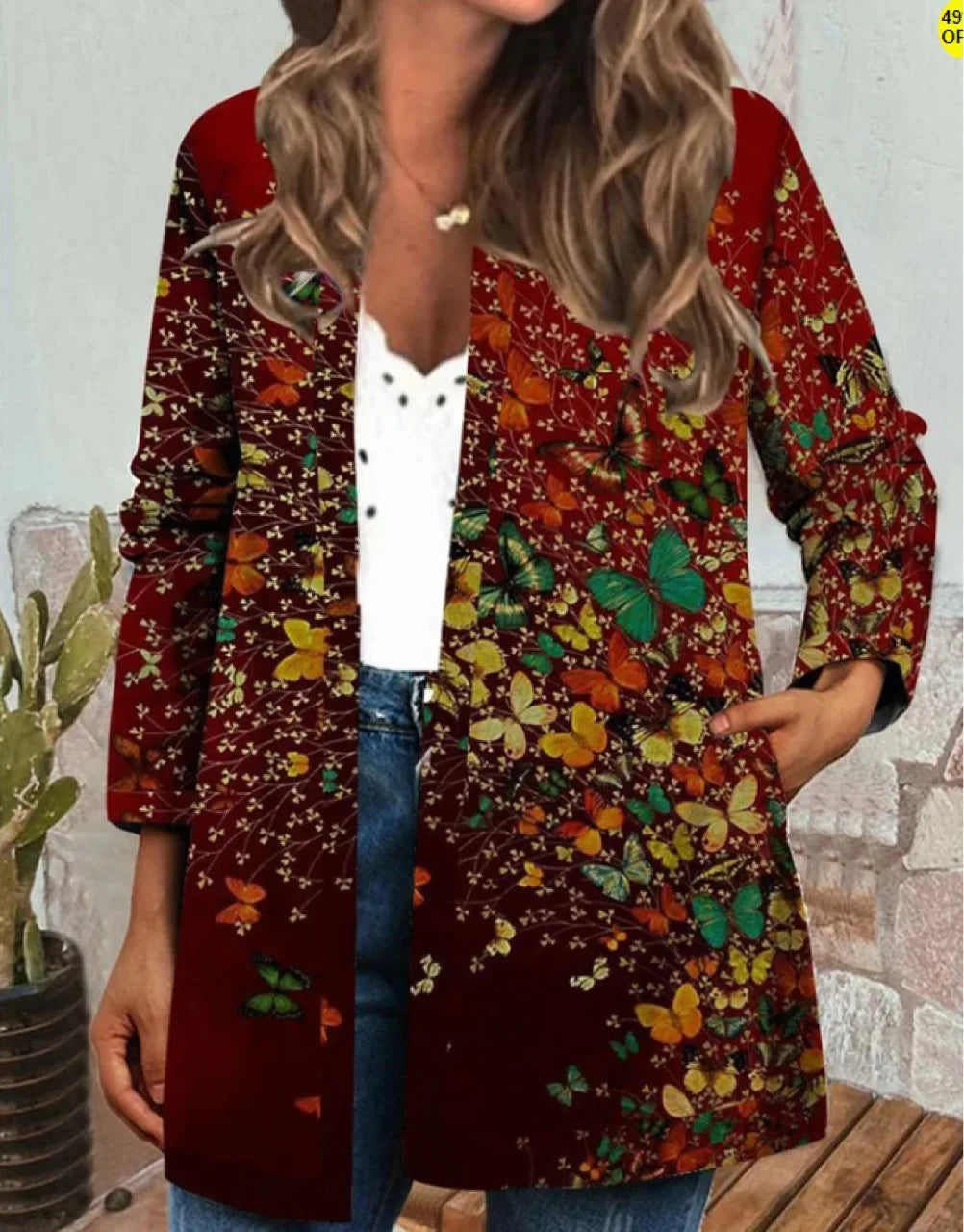 Autumn Winter Fashion Colorful Boho Floral Print Open Front Cardigan Casual Loose Long Sleeve Lightweight Jacket With Pockets