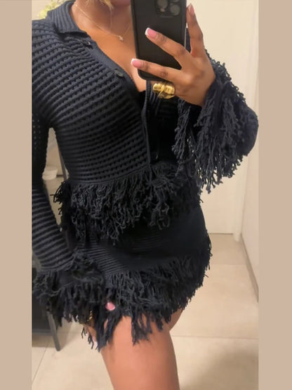 Sexy Knitted Tassel Top Skirt Women Set Dark Blue Long Sleeve Lapel Button Tops Pleated Mini Skirts 2025 Fashion Solid Lady Suit