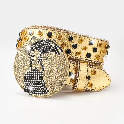 Western Leather belt BlingBling Diamond round buckle water Crystal diamond belt punk style Unisex PU Synthetic belt