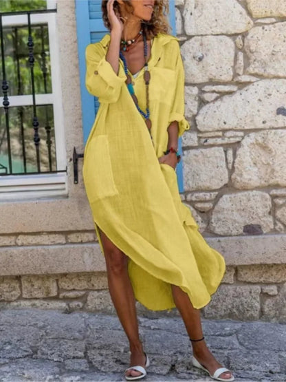 Spring/Summer Women's Fashion Solid Color Button Split Loose Shirt Dress Casual Long Sleeved Polo Collar Cotton Lined Dresses