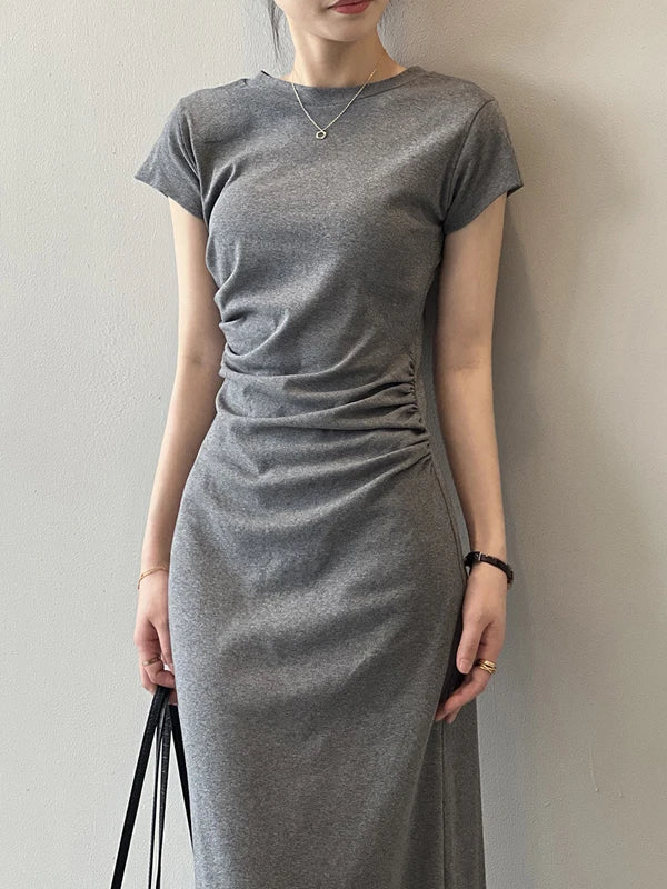 Slim Fit T-irt Dr Women's Spring Summer ort Sve Pleated Waist Cinching A-Line Midi Dr Small Stature 50