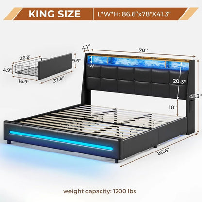 King Size Bed Frame w 4 Storage Drawers,Charging Station and LED Lights,Upholstered Bed Frame w Button Tufted Wingback Headboard