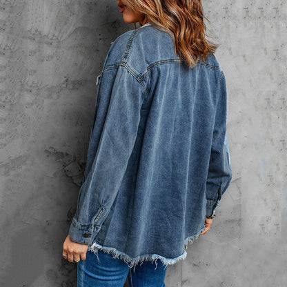 Women’S Denim Jackets Ripped Hem Gray Jeans Jacket Shacket Female Casual Loose Denim Coats Overcoats Oversized BF Denim Jacket