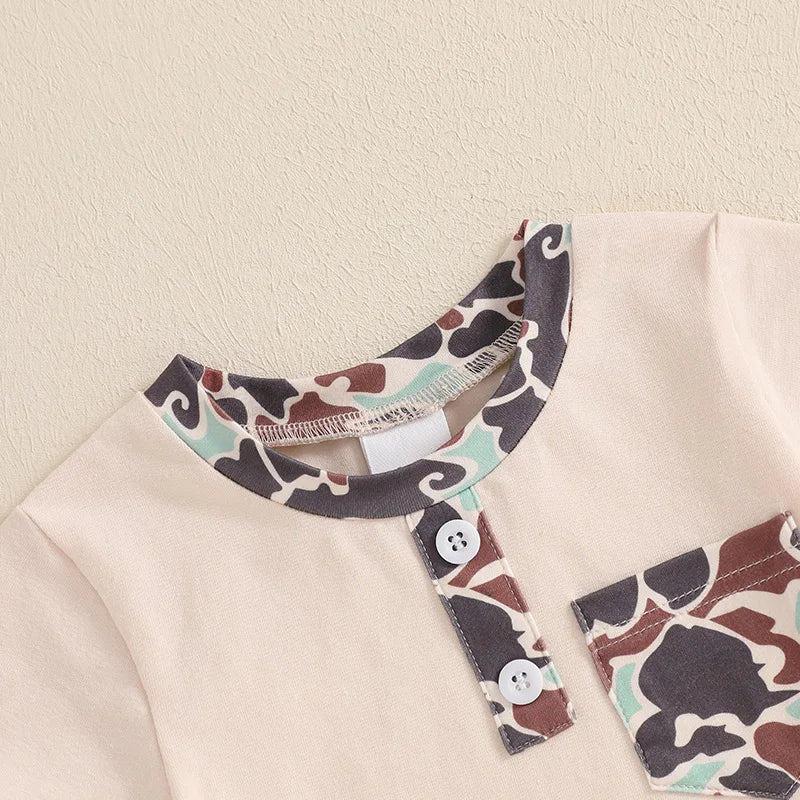 Boys Casual Summer Outfits Short Sleeve T-Shirts and Camouflage Shorts Set with Elastic Waistband for Toddlers 2 Pieces