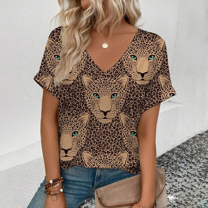 Summer clothing V-neck sexy leopard print T-shirt animal pattern women's shirt short sleeve street Korean style women's clothing