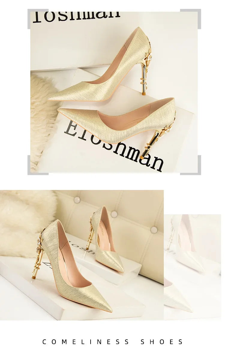 EtherealBe elegant blue flower embellished women's heels with stylish gold accent for formal occasions